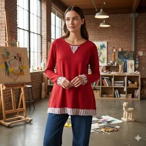 Multiples Red Long Sleeve Knit Stripe Layered Detail Top 2X
